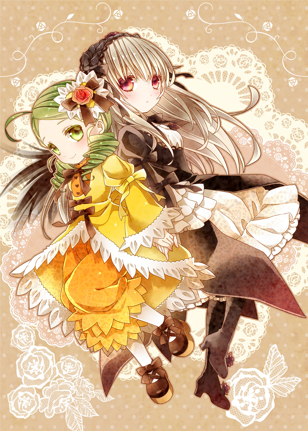 2girls back-to-back boots bow dress drill_hair flower frills gothic_lolita green_eyes green_hair hair_ornament hairband heart high_heels highres holding_hands kanaria lolita_fashion long_hair long_sleeves mary_janes moru multiple_girls pantyhose puffy_sleeves red_eyes rose rozen_maiden shoes silver_hair smile suigintou white_legwear wide_sleeves wings