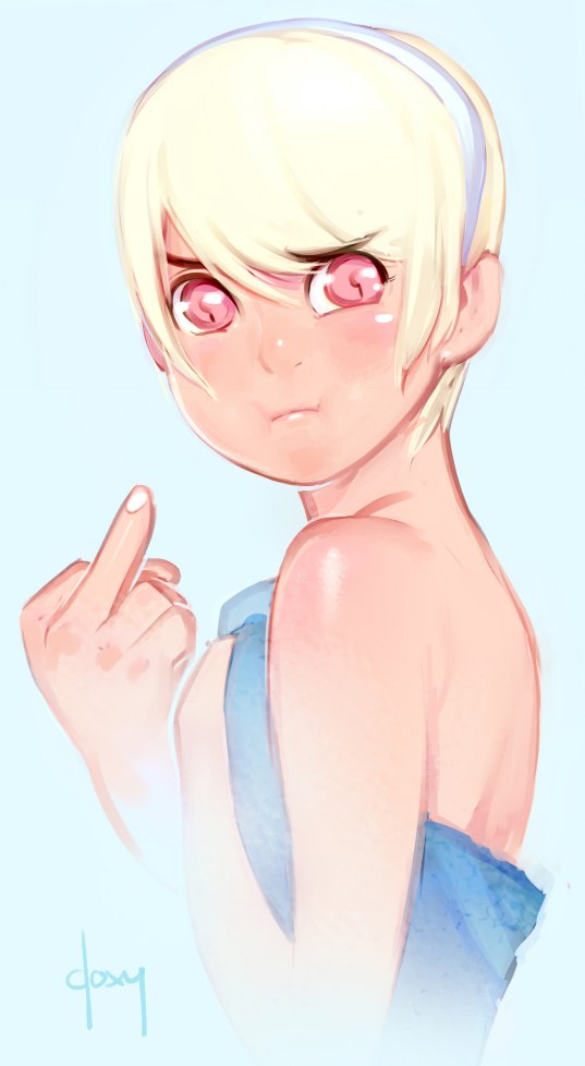 1girl :t bare_shoulders blonde_hair blush covering covering_breasts doxy hairband middle_finger naked_towel red_eyes short_hair solo towel