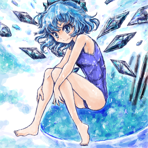 1girl blue_background blue_eyes blue_hair bow cirno hair_bow ice ice_wings nanashii_(soregasisan) one-piece_swimsuit ribbon school_swimsuit short_hair smile solo swimsuit touhou wings