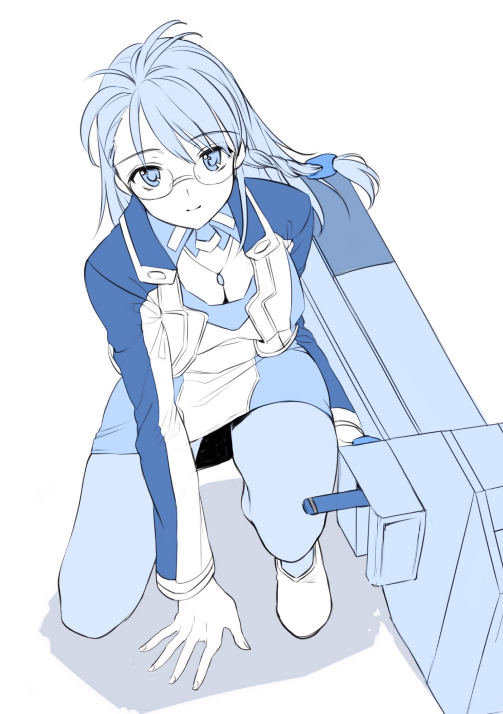 1girl blue breasts cleavage glasses highres long_hair looking_at_viewer monochrome shion_uzuki simple_background smile solo squatting takeuchi_aya white_background xenosaga
