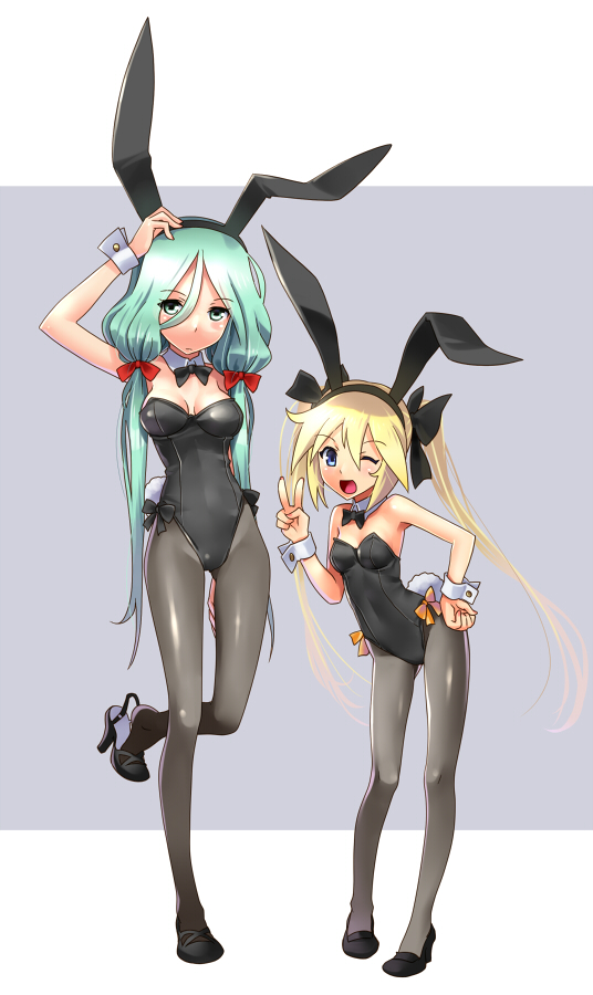 2girls ;d animal_ears arm_up black_legwear blonde_hair blue_eyes blush bow breasts bunny_girl bunny_tail bunnysuit cleavage fake_animal_ears green_eyes green_hair hair_bow hand_on_hip high_heels katahira_masashi long_hair looking_at_viewer multiple_girls open_mouth original pantyhose rabbit_ears shoes smile standing_on_one_leg tail twintails v wink wrist_cuffs