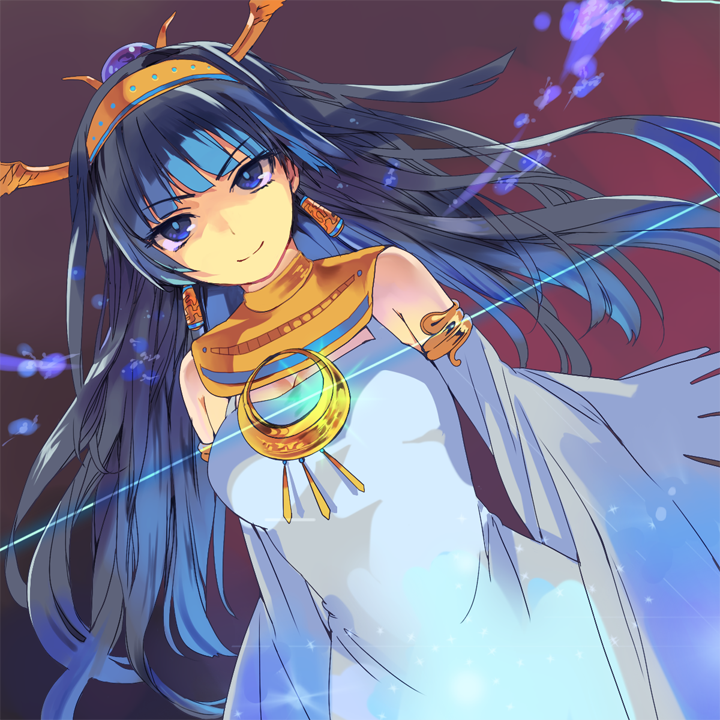 1girl bare_shoulders black_hair breasts cleavage dutch_angle egyptian gold hairband headdress isis_(p&amp;d) long_hair nove_(legge) puzzle_&amp;_dragons smile solo