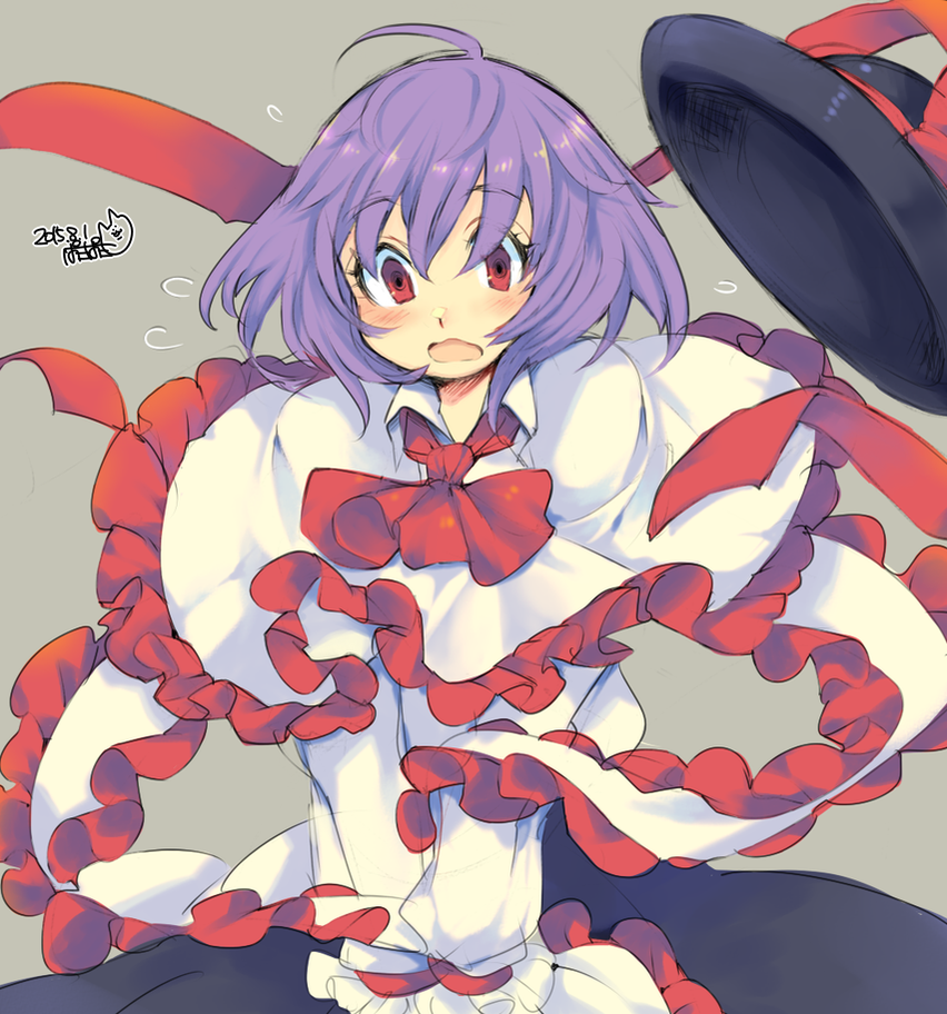 1girl ascot blush capelet dated flying_sweatdrops frills grey_background hat hat_removed hat_ribbon headwear_removed iroyopon long_sleeves looking_down nagae_iku open_mouth purple_hair red_eyes ribbon shawl shirt short_hair signature simple_background skirt solo touhou upper_body