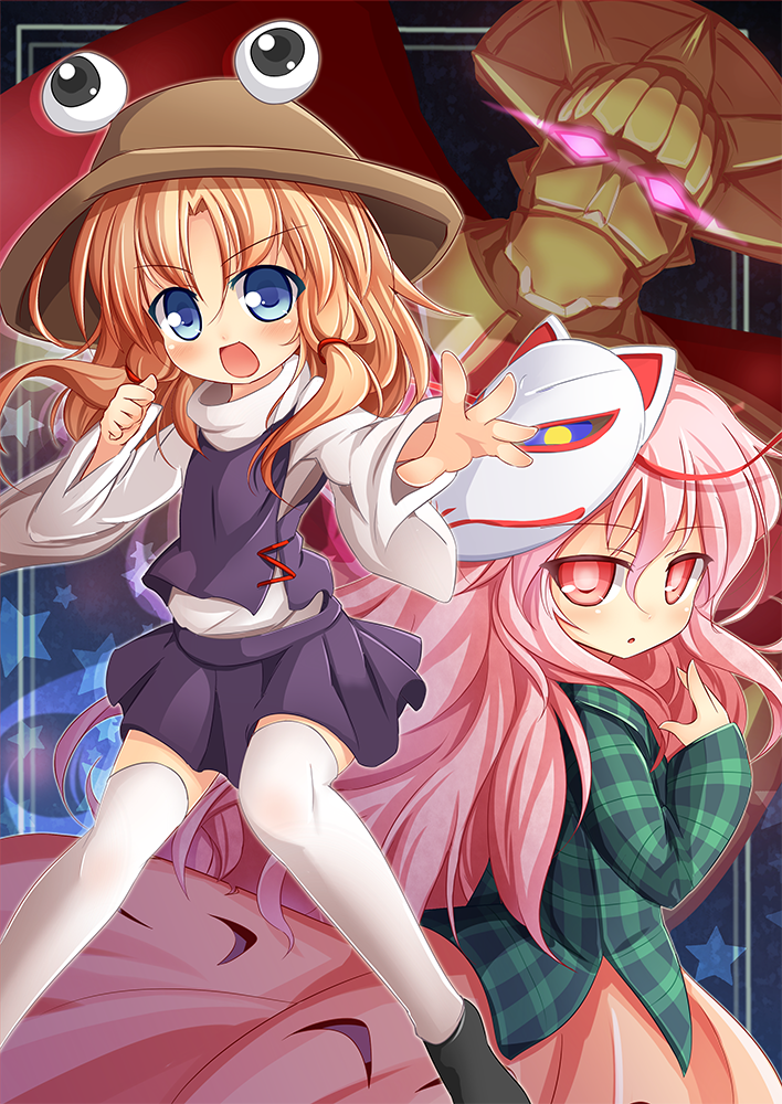 2girls baku_ph blonde_hair blue_eyes glowing hat hata_no_kokoro hisou_tensoku long_hair looking_at_viewer mecha moriya_suwako multiple_girls open_mouth payot pink_eyes pink_hair plaid plaid_shirt skirt skirt_set smile thigh-highs touhou white_legwear