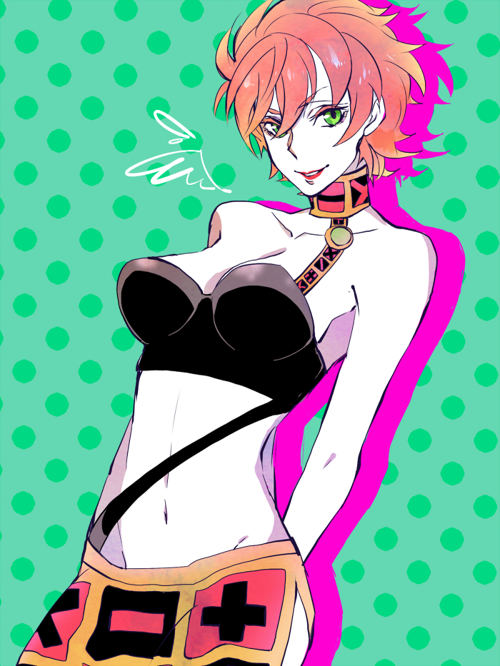 1girl breasts emir_ia green_eyes jojo_no_kimyou_na_bouken midriff pink_hair short_hair skirt solo trish_una