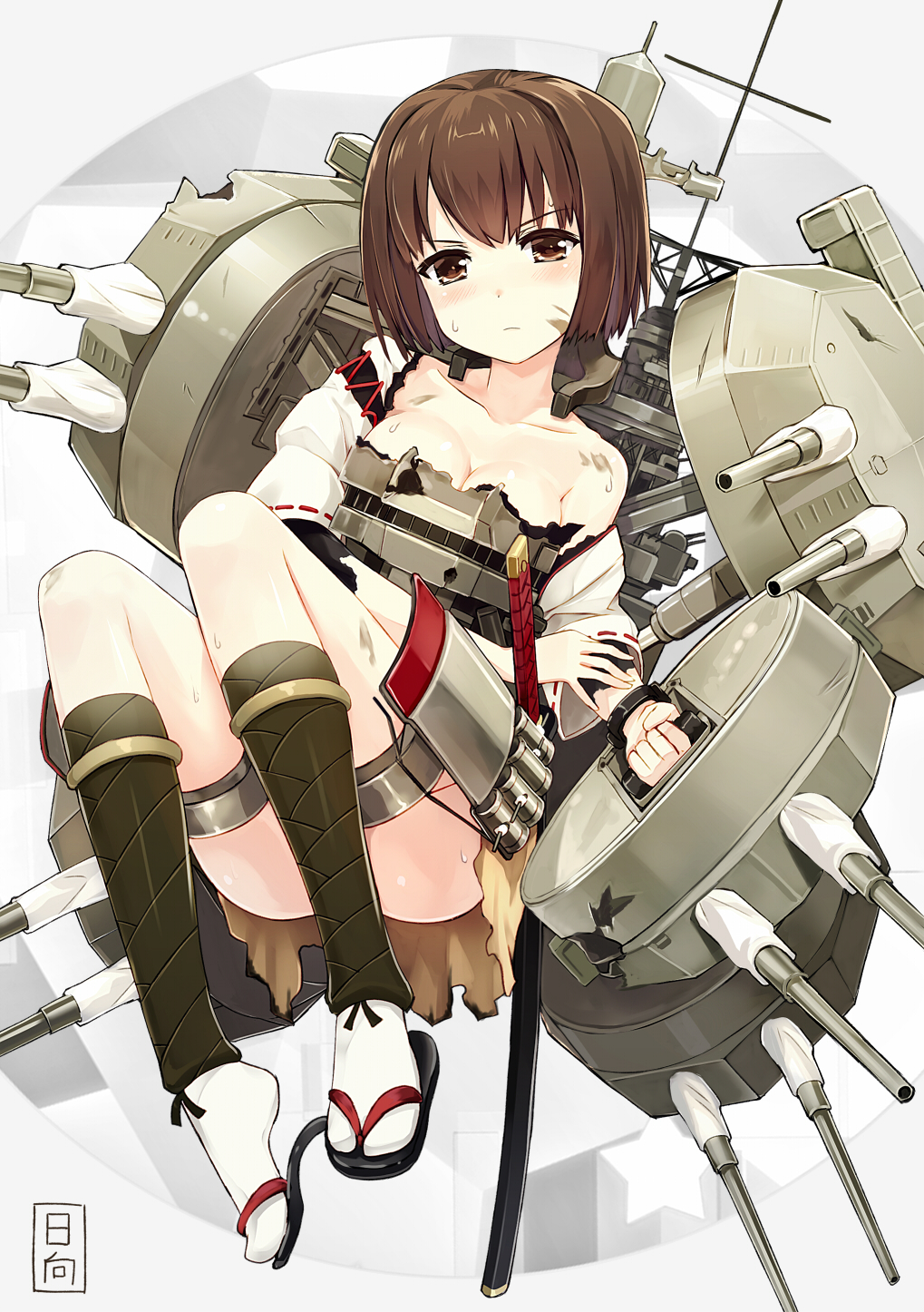 1girl blush breasts brown_eyes brown_hair cleavage highres hyuuga_(kantai_collection) kantai_collection katana looking_at_viewer orda personification sandals short_hair solo sword tabi torn_clothes weapon white_legwear