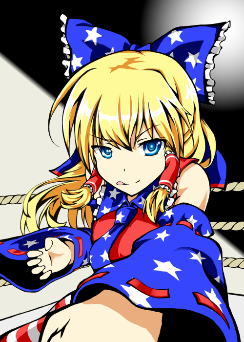 1girl :q alternate_color alternate_hair_color america american_miko blonde_hair blue_eyes bow boxing_ring detached_sleeves hair_bow hakurei_reimu kamiya_ueshi long_hair looking_at_viewer smile solo tongue touhou