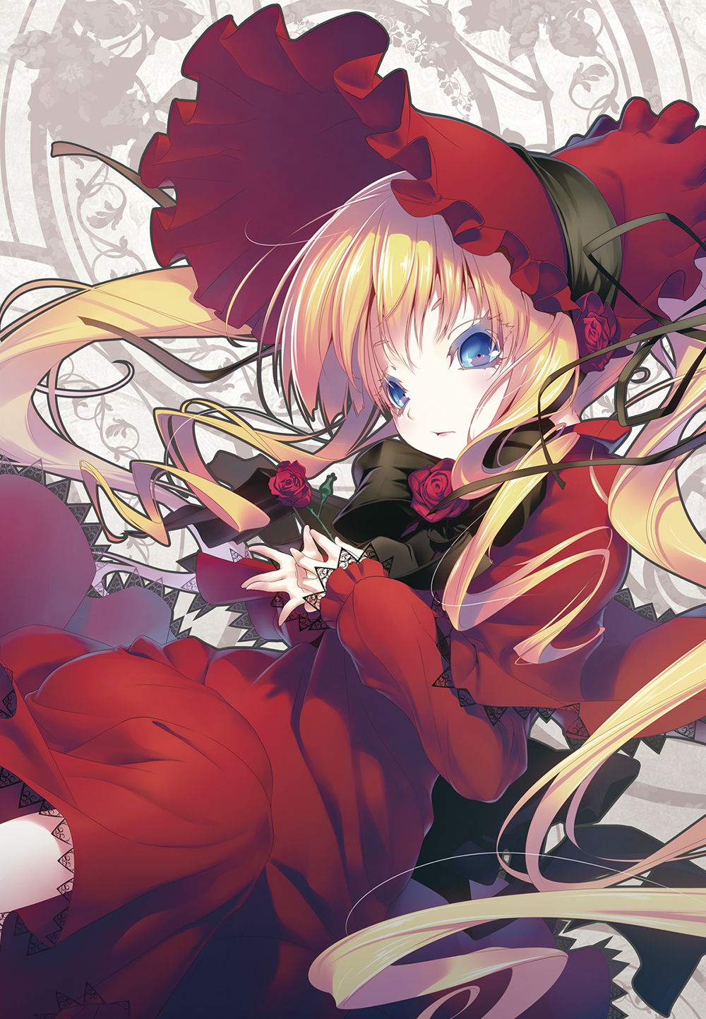 1girl blonde_hair blue_eyes bow capelet dress flower gothic_lolita hat highres lolita_fashion long_hair long_sleeves looking_at_viewer nilitsu red_dress red_rose rose rozen_maiden shinku solo very_long_hair vines