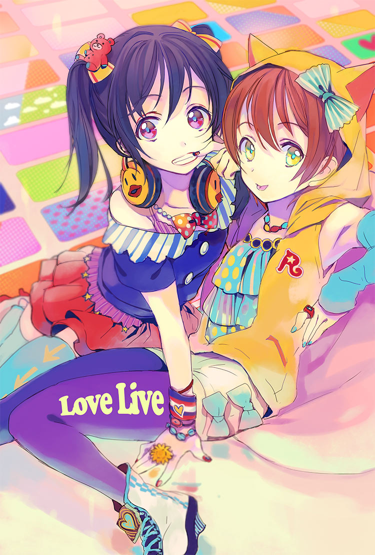 2girls :p ame_yamori animal_hood arm_support arm_warmers bear_hair_ornament black_hair bow bracelet brown_hair cat_hood copyright_name grin hair_bow hair_ornament headphones headphones_around_neck hood hoodie hoshizora_rin jewelry love_live!_school_idol_project multiple_girls nail_polish necklace off_shoulder open_hoodie purple_legwear red_eyes ring shoes short_hair sitting skirt sleeveless_hoodie smile thigh-highs tongue tongue_out twintails wristband yazawa_nico yellow_eyes