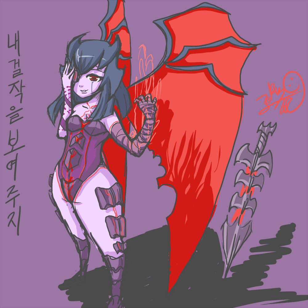 1girl aatrox aura bandages black_hair eyepatch genderswap league_of_legends leotard personification red_eyes short_hair small_breasts solo sword translation_request trombe weapon wings