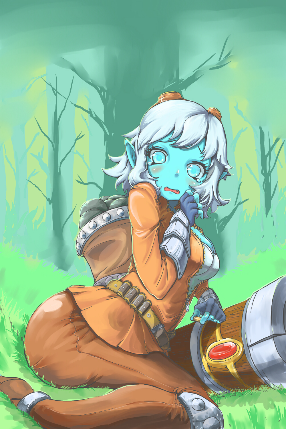 1girl backpack bag belt blue_eyes blue_skin blush bracer breasts cannon fingerless_gloves forest gloves goggles goggles_on_head highres league_of_legends nature pants pointy_ears short_hair silver_hair sitting solo tears tristana trombe wariza