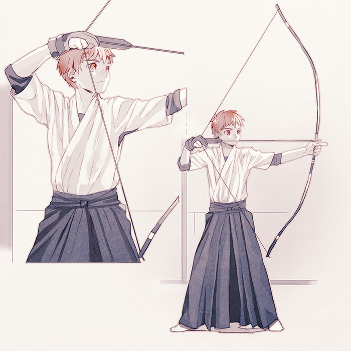 1boy archery arrow bow_(weapon) emiya_shirou fate/stay_night fate_(series) hakama japanese_clothes kyuudou tam_(cuq) weapon yellow_eyes yugake