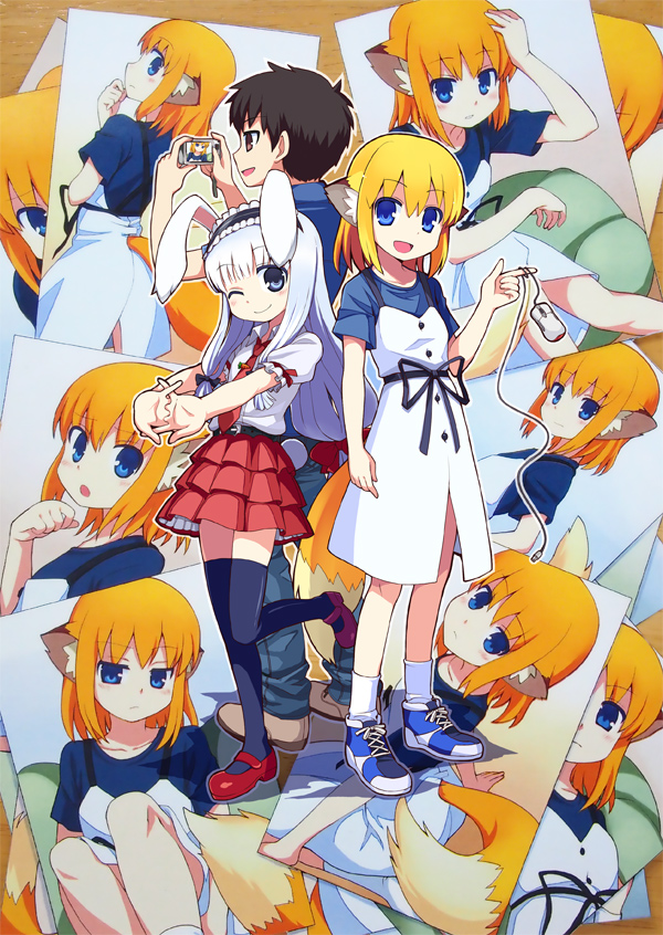 1boy 2girls :d :o ;) animal_ears apricot_(yamai) black_hair blonde_hair blue_eyes brown_eyes bunny_tail camera computer_mouse dress fox_ears fox_tail frilled_skirt from_behind frown hairband hand_on_own_head lolita_hairband mary_janes multiple_girls necktie open_mouth original photo_(object) profile rabbit_ears shoes short_hair skirt smile sneakers socks standing_on_one_leg stretch tail thigh-highs usa_(yamai) white_hair wink yamai