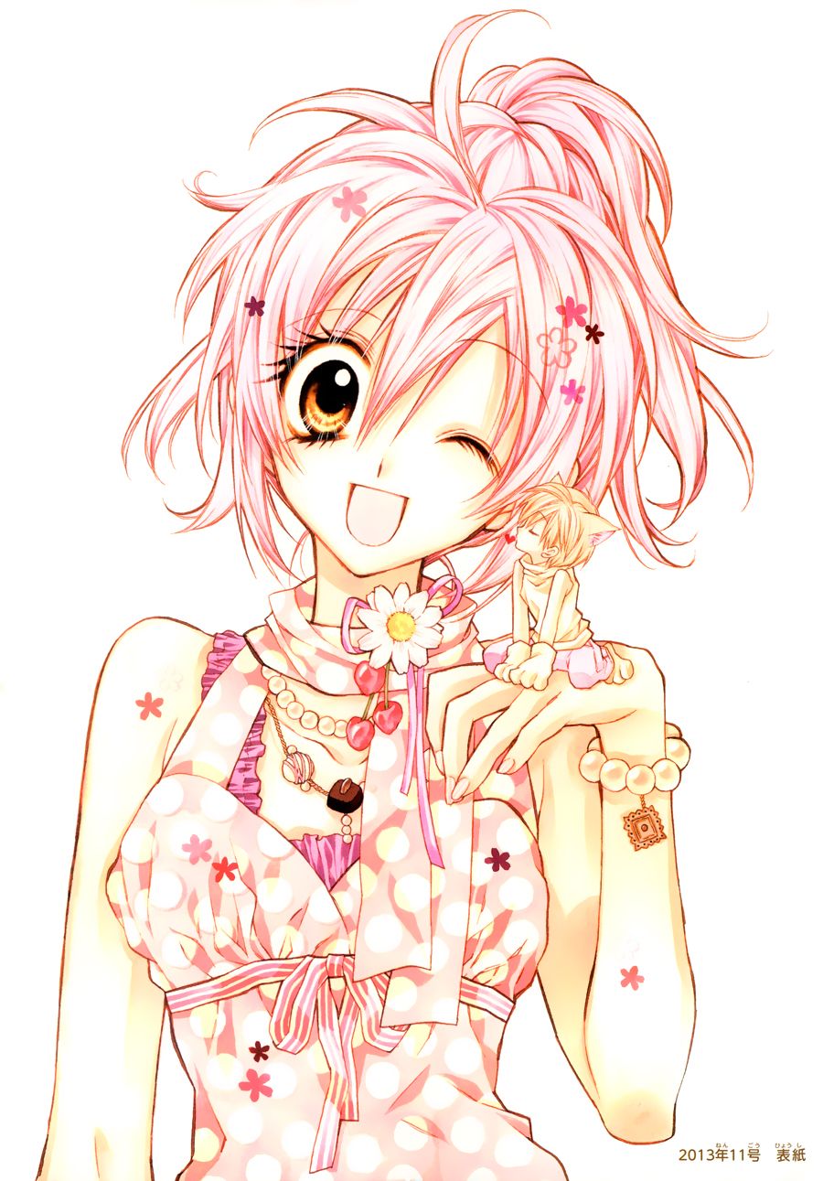 1boy 1girl 2013 ;d animal_ears bracelet cat_ears cheek_kiss cherry chocolate daisy dated dress flower food food_themed_clothes fruit heart highres honjou_nekota jewelry kiss miniboy necklace neko_to_watashi_no_kinyoubi official_art open_mouth paws pearl pearl_necklace pink_hair polka_dot polka_dot_dress ponytail ribbon scarf smile striped tachibana_ai_(neko_to_watashi) tanemura_arina white_background wink yellow_eyes