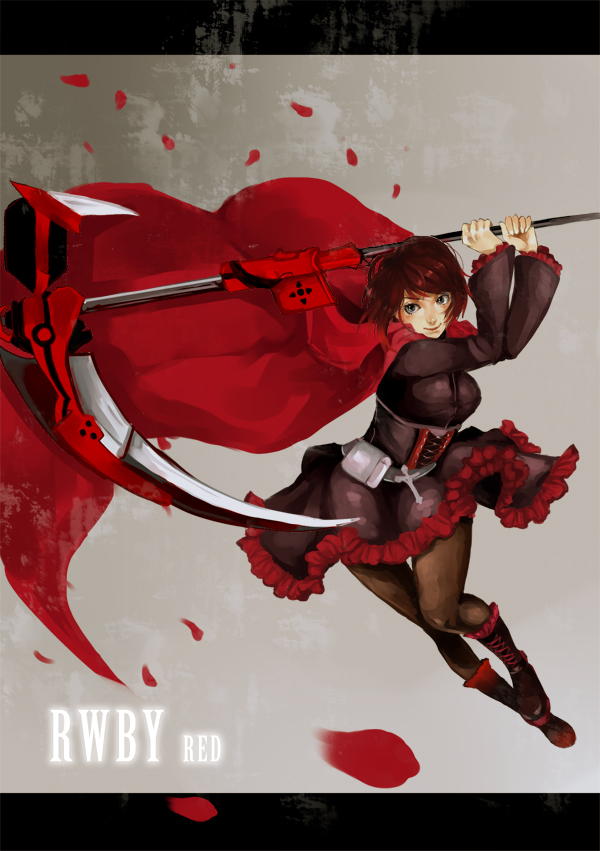 boots dress frills pantyhose red_eyes ruby_rose rwby saha scythe short_hair weapon