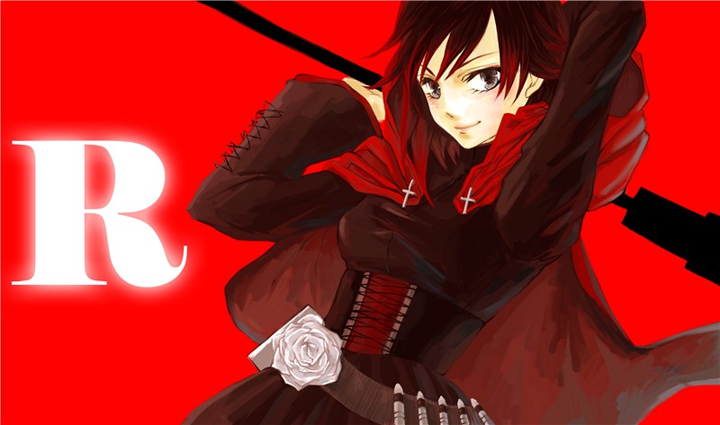 bullet cape corset cross fer1029 flower grey_eyes redhead rose ruby_rose rwby short_hair