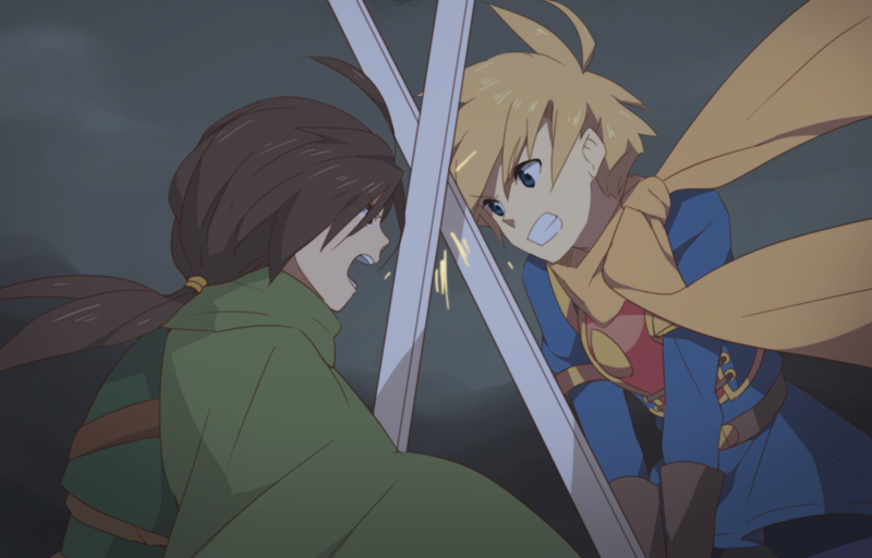 2boys ahoge battle blonde_hair blue_eyes brown_hair clenched_teeth garcia_(golden_sun) gloves golden_sun looking_at_another male multiple_boys open_mouth parted_lips ponytail robin_(golden_sun) scarf sword tagme weapon weee_(raemz)