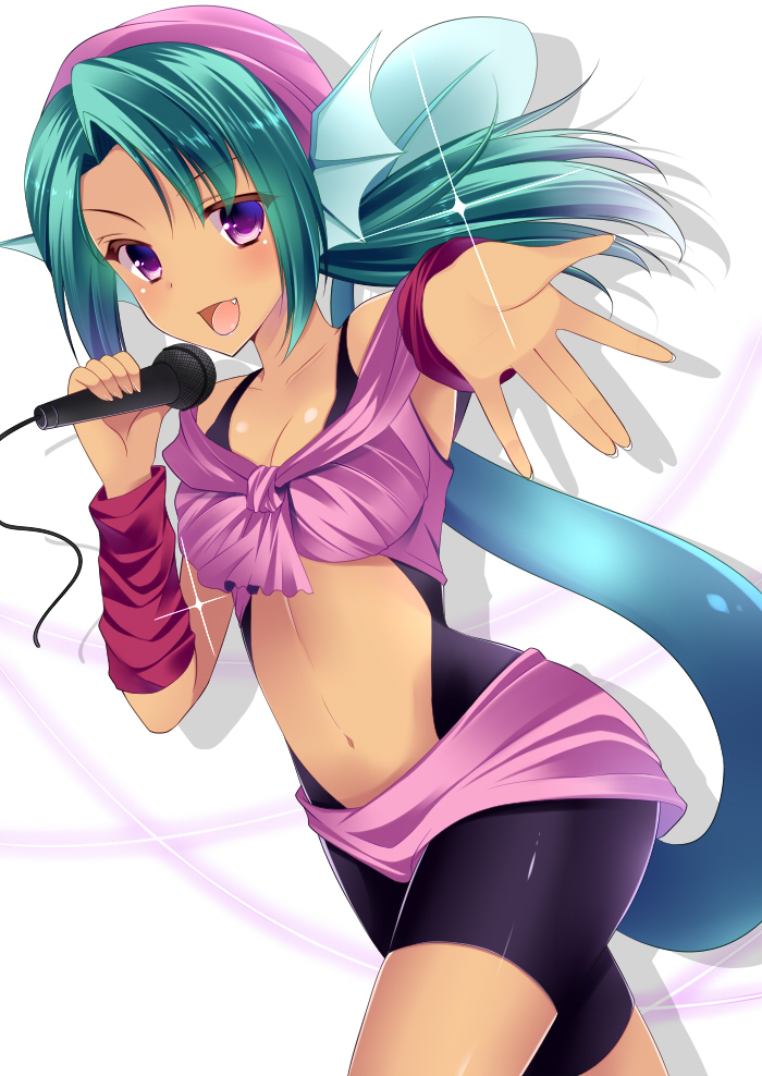 1girl agekichi_(heart_shape) blush breasts cleavage green_hair long_hair microphone open_mouth smile solo tail violet_eyes yuu_yuu_hakusho