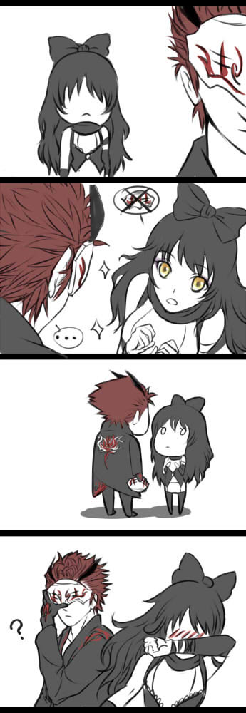 ... 1boy 1girl 4koma ? adam_(rwby) black_hair blake_belladonna blush comic gloves long_hair mask redhead rwby sasora speech_bubble yellow_eyes