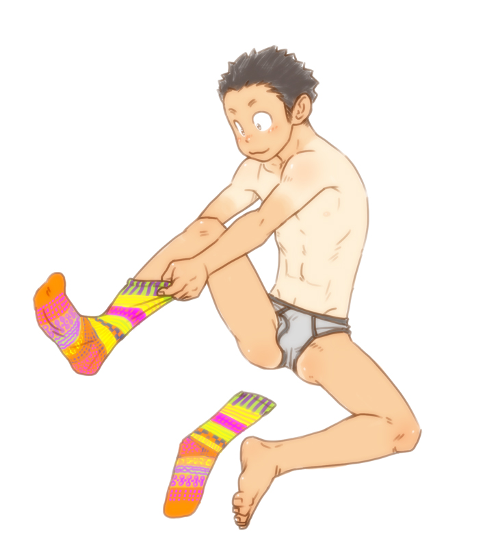 1boy :3 black_hair briefs dressing male original smile socks solo tan tanline torte_(triggerhappy) underwear