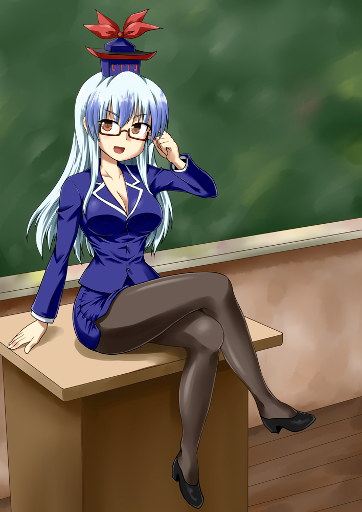 1girl adapted_costume bespectacled blue_hair breasts brown_eyes chalkboard cleavage crossed_legs formal glasses kamishirasawa_keine kousei_(public_planet) long_hair miniskirt pantyhose sitting skirt solo suit teacher touhou