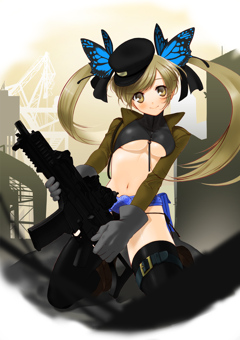 1girl assault_rifle belt breasts brown_eyes brown_hair building butterfly_hair_ornament g36 g36c gloves gun hair_ornament head_tilt long_hair musashi_(detks) navel original rifle smile solo twintails underboob weapon