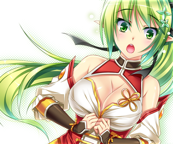 1girl alternate_costume blush breasts cleavage cleavage_cutout detached_sleeves elsword green_eyes green_hair hair_ornament long_hair open_mouth pointy_ears ponytail rena_(elsword) ribbon solo surprised tsukimi_kirara