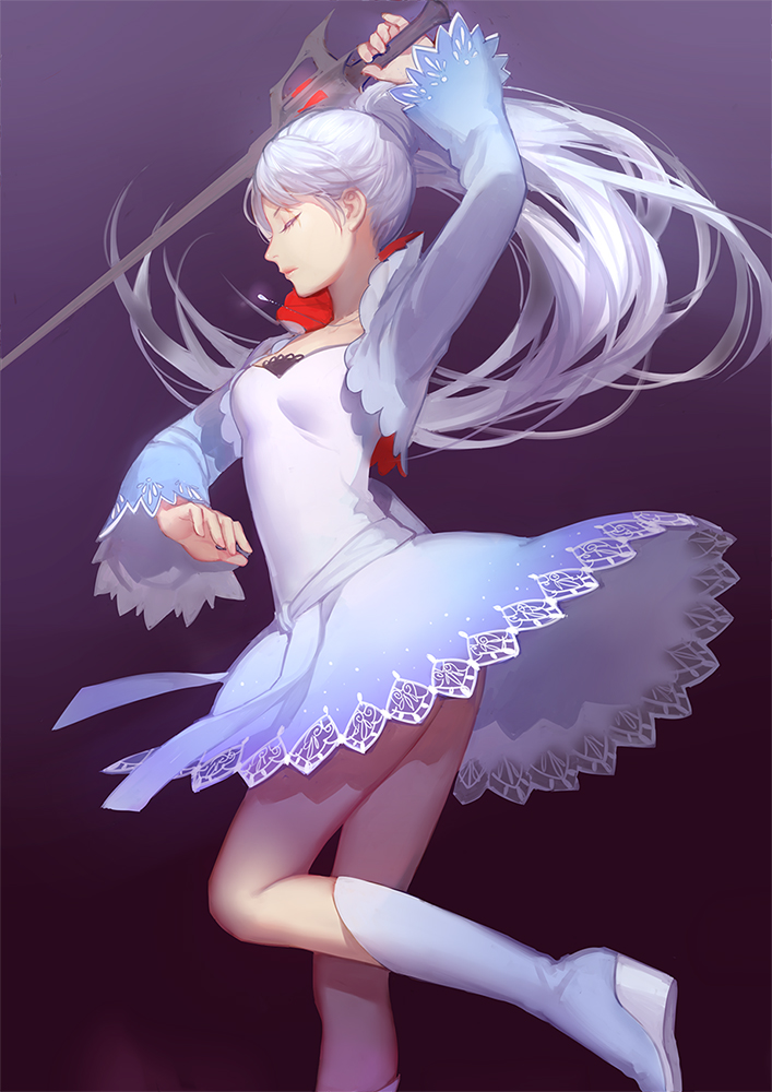 asukaziye long_hair ponytail rapier rwby sword weapon weiss_schnee white_hair