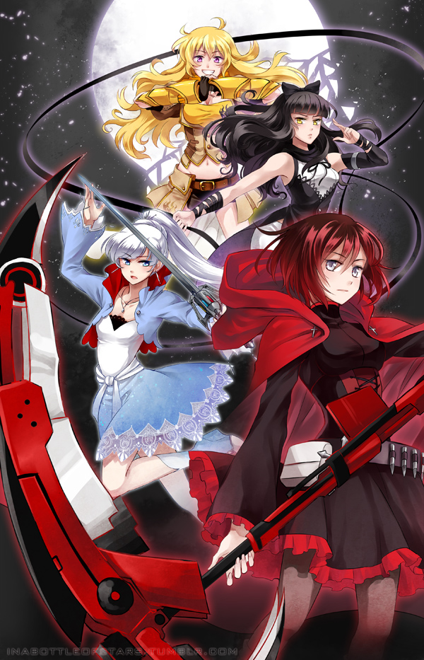 4girls ahoge black_hair blake_belladonna blonde_hair blue_eyes breasts cape cleavage cross dress fingerless_gloves full_moon gauntlets gloves jewelry long_hair lowah moon multiple_girls necklace pantyhose ponytail rapier redhead ruby_rose rwby scythe short_hair skirt smile sword violet_eyes weapon weiss_schnee whip white_hair yang_xiao_long