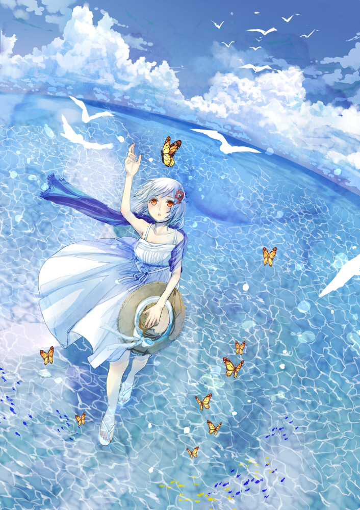 1girl aiha-deko arm_up bird butterfly clouds dress fish flower hair_flower hair_ornament hat horizon ocean original red_eyes sandals seagull sky sun_hat water white_dress white_hair