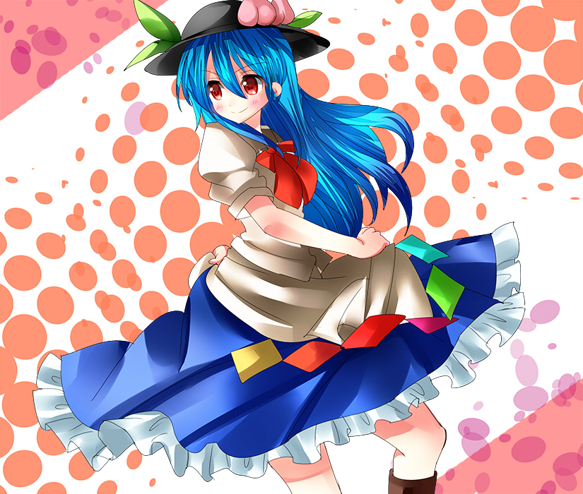 1girl blue_hair food fruit hat hinanawi_tenshi long_hair nagare peach red_eyes skirt skirt_hold solo touhou