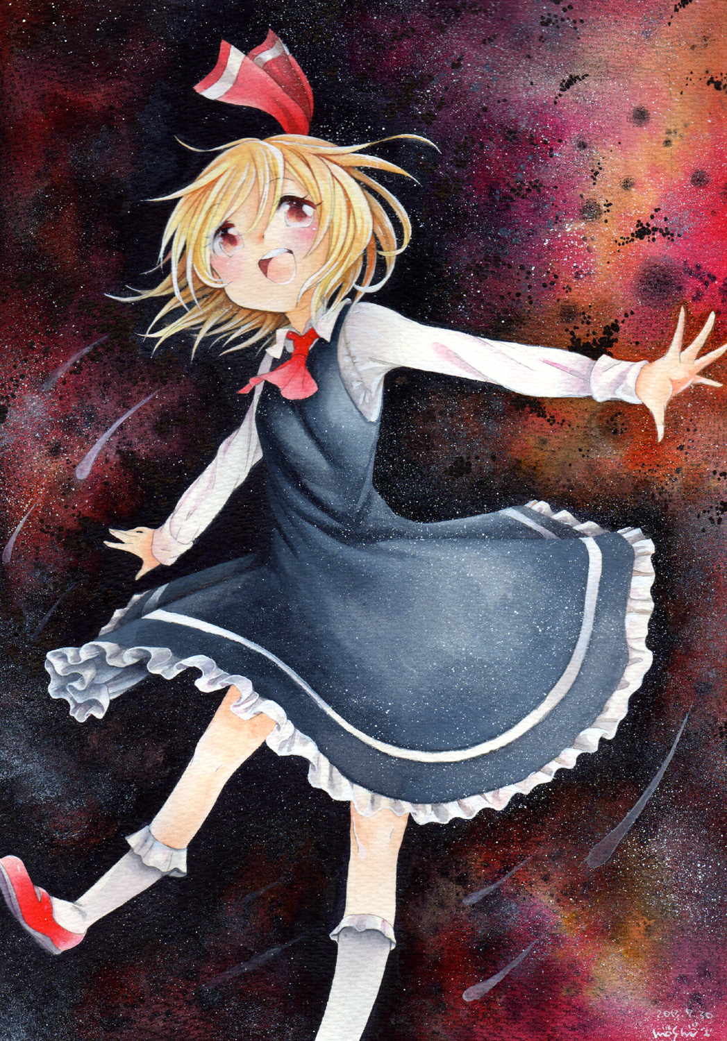 1girl artist_name ascot blonde_hair blush color_ink_(medium) dated dress hair_ribbon highres ink_(medium) mosho open_mouth outstretched_arms red_eyes ribbon rumia short_hair smile solo touhou traditional_media watercolor_(medium)