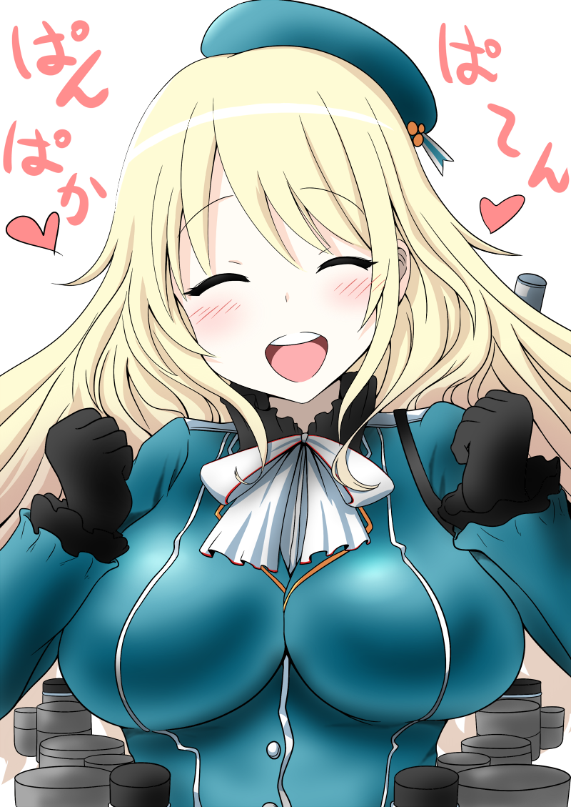 1girl atago_(kantai_collection) black_gloves blonde_hair blush breasts gloves hat heart kantai_collection large_breasts long_hair military niyang53 open_mouth personification smile solo translation_request uniform