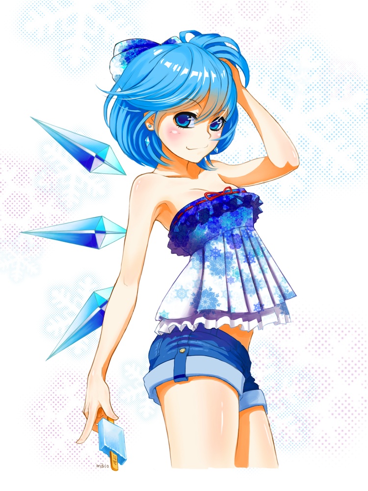 1girl alternate_costume blue_eyes blue_hair bow cirno hair_bow hand_in_hair ice ice_wings maco_(macoillust) popsicle short_shorts shorts solo top touhou wings