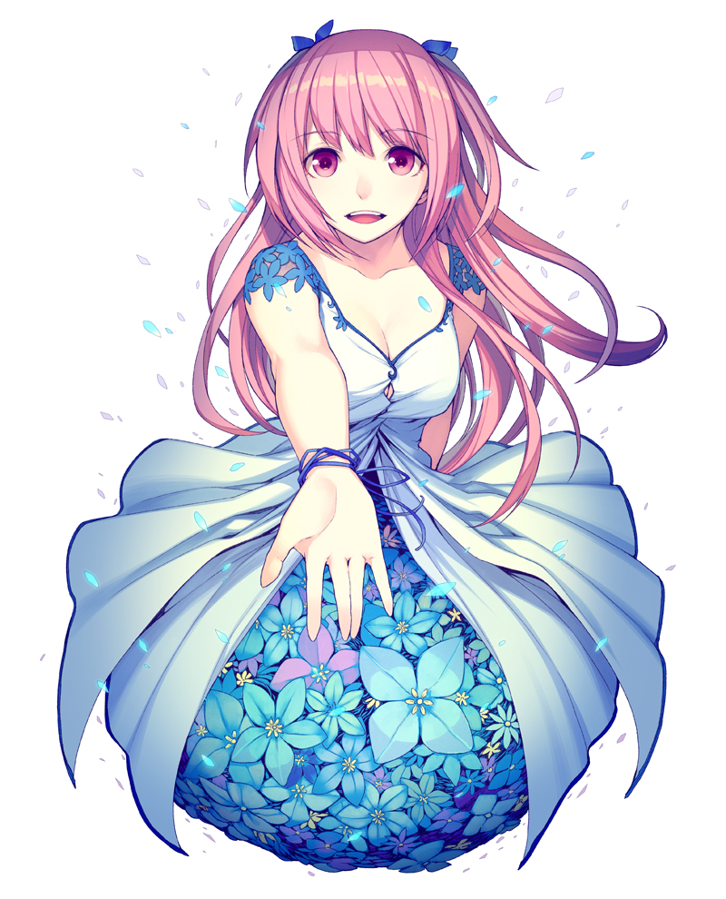 1girl breasts cleavage dress flower hair_flower hair_ornament kimura_daisuke looking_at_viewer open_mouth original outstretched_arm petals pink_eyes pink_hair smile solo