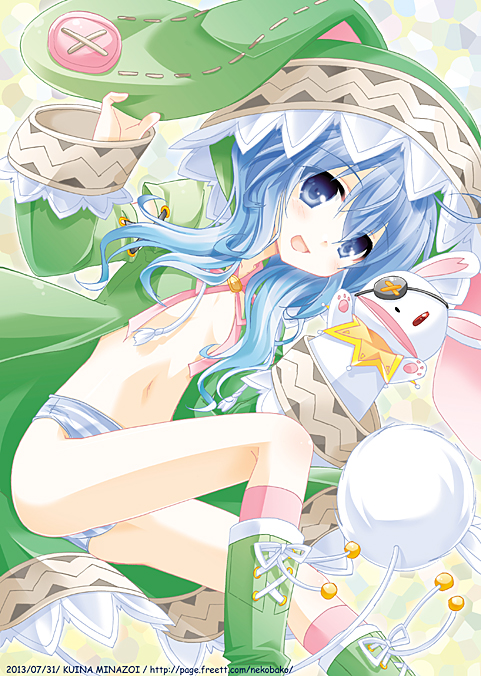 1girl animal_ears animal_hood artist_name blue_eyes blue_hair bow coat date_a_live dated eyepatch hand_puppet hood long_hair looking_at_viewer minazoi_kuina open_clothes open_mouth panties puppet rabbit rabbit_ears solo striped striped_panties stuffed_animal stuffed_bunny stuffed_toy underwear watermark web_address yoshino_(date_a_live)