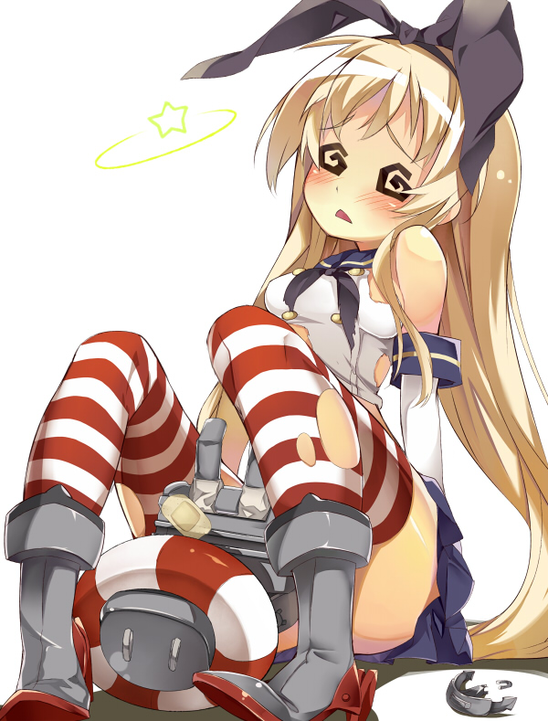 1girl bare_shoulders blonde_hair blush dazed elbow_gloves gloves hair_ribbon hidebuu innertube kantai_collection long_hair open_mouth personification rensouhou-chan ribbon sailor_collar shimakaze_(kantai_collection) sitting skirt solo striped striped_legwear thighhighs torn_clothes torn_thighhighs white_gloves