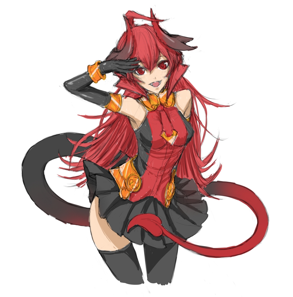 1girl ahoge armlet armor armored_dress bracelet breasts demon_girl demon_tail dress elbow_gloves gloves horns huge_ahoge jewelry long_hair maou_beluzel open_mouth original pleated_skirt red_eyes redhead salute skirt solo tail task_(artist) thighhighs yuusha_to_maou