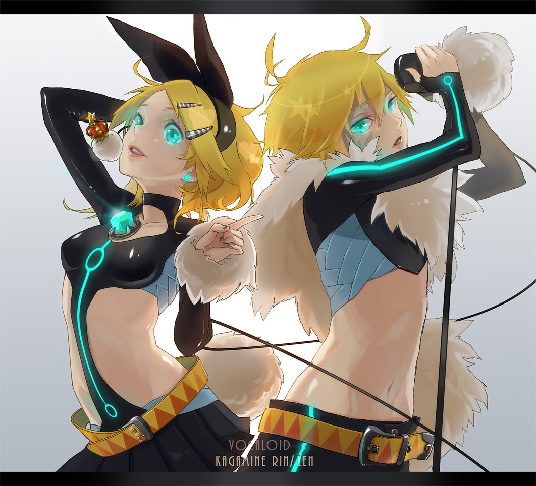 1boy 1girl alternate_costume aqua_eyes belt blonde_hair cable feather_boa gem glowing glowing_eyes hair_ornament hair_ribbon hairband hairclip kagamine_len kagamine_rin letterboxed lipstick long_sleeves makeup microphone microphone_stand midriff navel neon_trim nokuran revision ribbon short_hair skin_tight small_breasts trap vocaloid