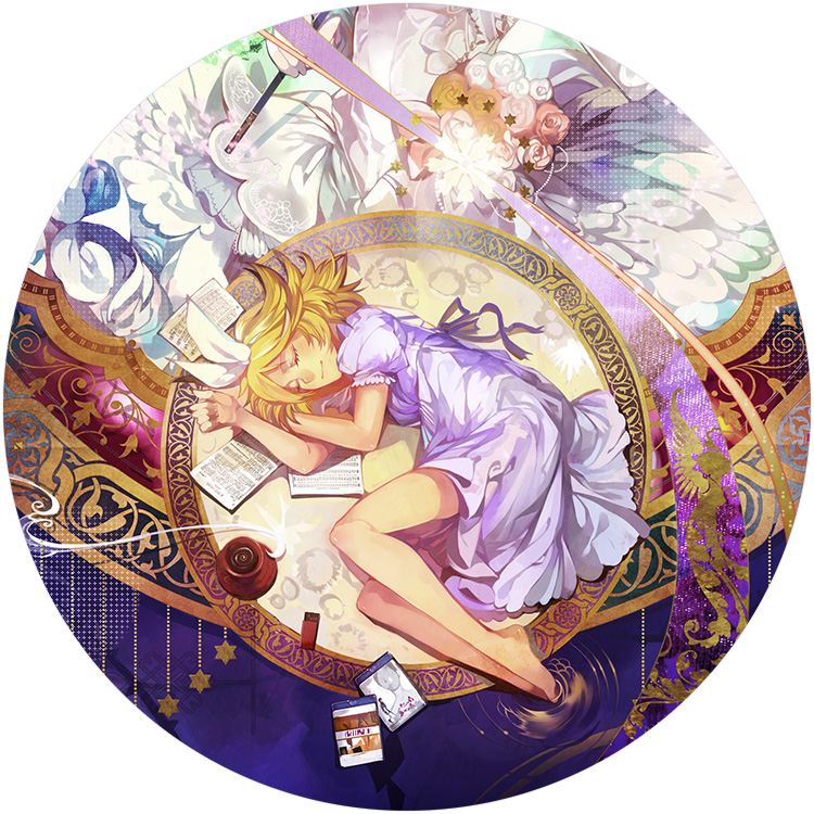 1girl barefoot blonde_hair closed_eyes dress fetal_position hair_ribbon kagamine_rin kyouka_hatori lying on_side puffy_short_sleeves puffy_sleeves ribbon short_hair short_sleeves skirt smile solo vocaloid white_dress