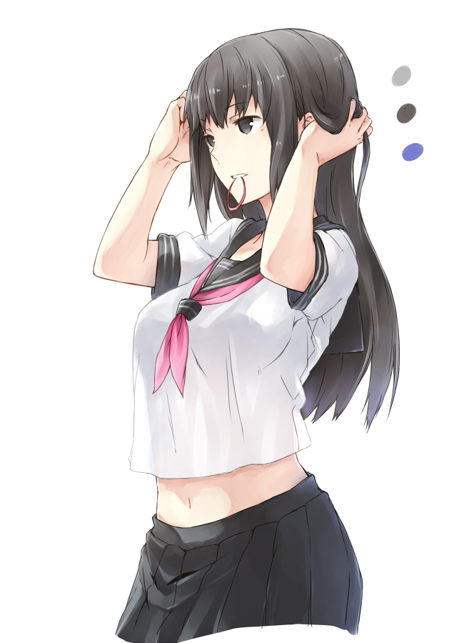 1girl black_eyes black_hair breasts long_hair midriff mouth_hold satsumi school_uniform serafuku simple_background skirt solo white_background