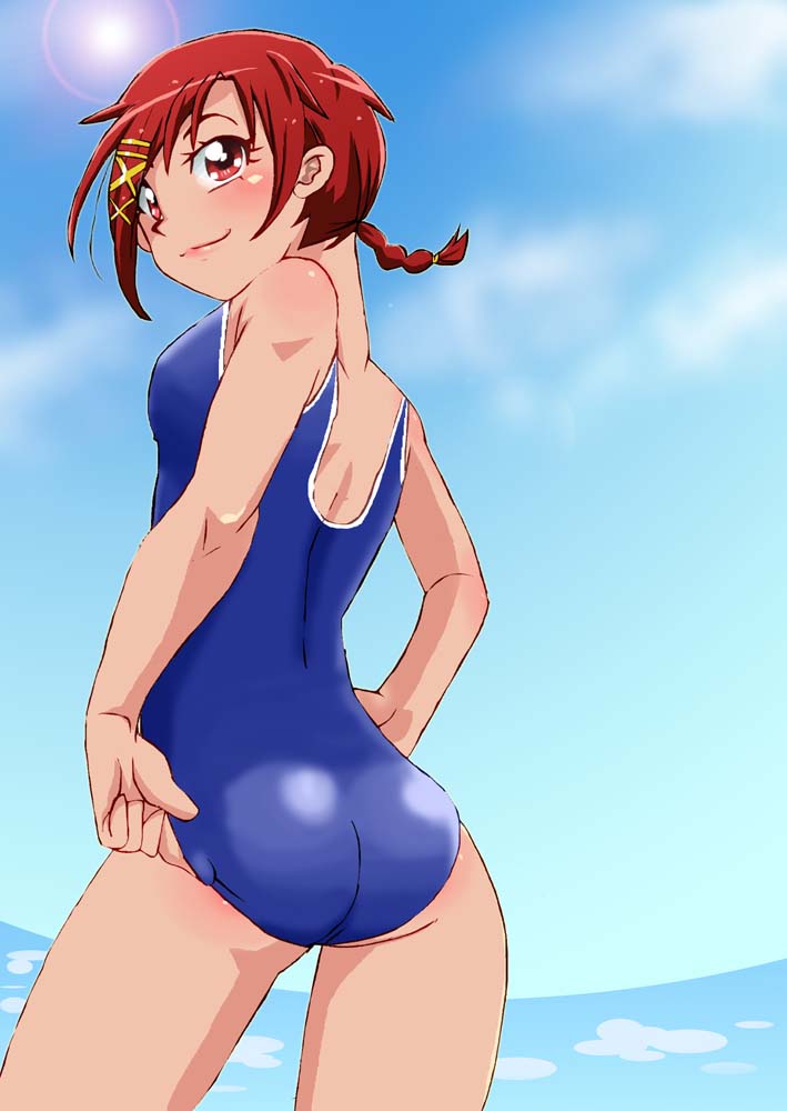 1girl adjusting_clothes adjusting_swimsuit ass from_behind hino_akane looking_back ocean onnaski pigtail precure red_eyes redhead school_swimsuit short_hair smile_precure! solo swimsuit water