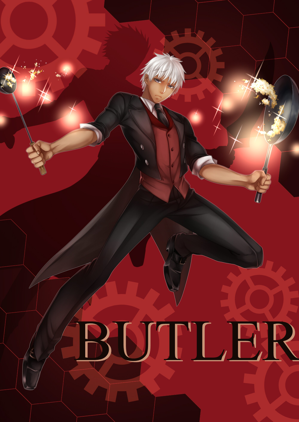1boy archer arkray black_eyes butler dark_skin fate/extra_ccc fate/stay_night fate_(series) formal fried_rice frying_pan gears highres kanshou_&amp;_bakuya ladle necktie silhouette solo unlimited_blade_works white_hair