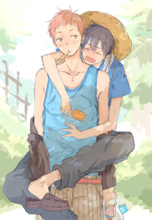 2boys ao_no_exorcist arm_around_shoulder black_hair blush carrying closed_eyes fang had hat leg_wrap male multiple_boys okumura_rin open_mouth orange_hair popsicle shima_renzou straw_hat summer sweat tank_top wavy_mouth yellow_eyes yuukari