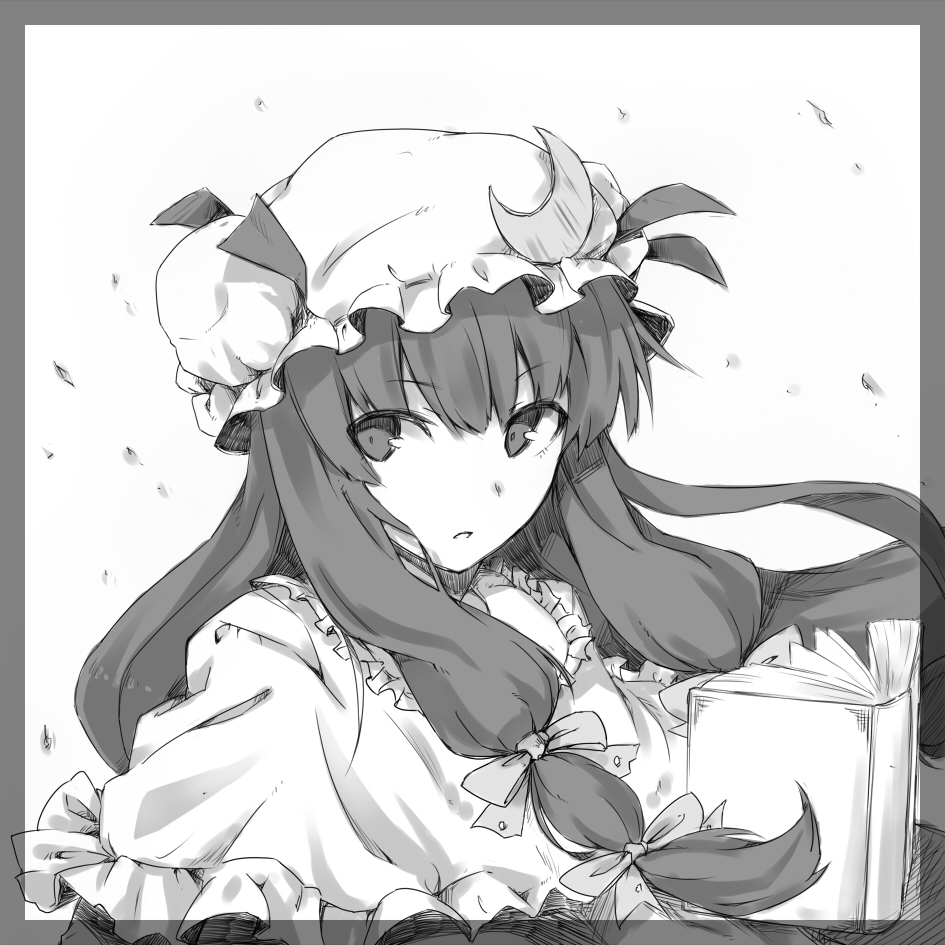 book crescent hat long_hair monochrome patchouli_knowledge satsumi simple_background solo touhou white_background