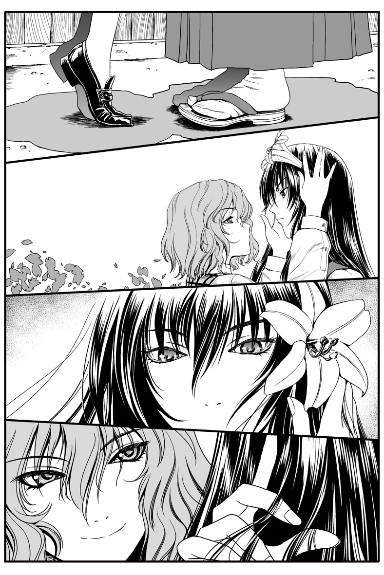 2girls artist_request close-up eye_contact eyelashes face flower hair_flower hair_ornament hands_in_hair hands_on_another's_face height_difference kazami_yuuka lily_(flower) loafers long_hair looking_at_another m.u.g.e.n monochrome multiple_girls original petals sandals sendai_hakurei_no_miko shoes short_hair smile tabi tiptoes touhou yuri