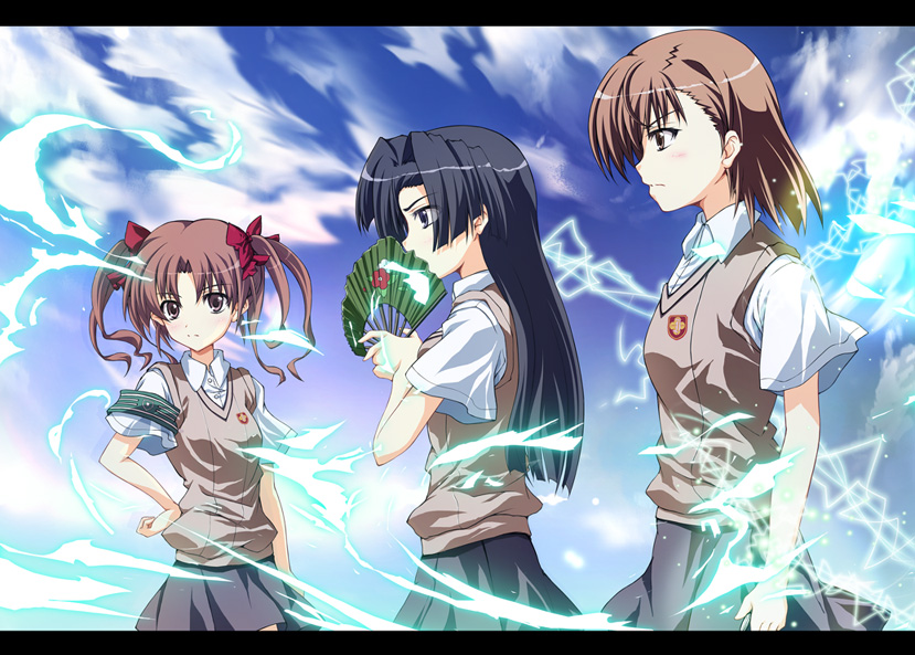 3girls araissu armband black_hair brown_eyes brown_hair electricity fan kongou_mitsuko long_hair misaka_mikoto multiple_girls shirai_kuroko short_hair to_aru_kagaku_no_railgun to_aru_majutsu_no_index twintails