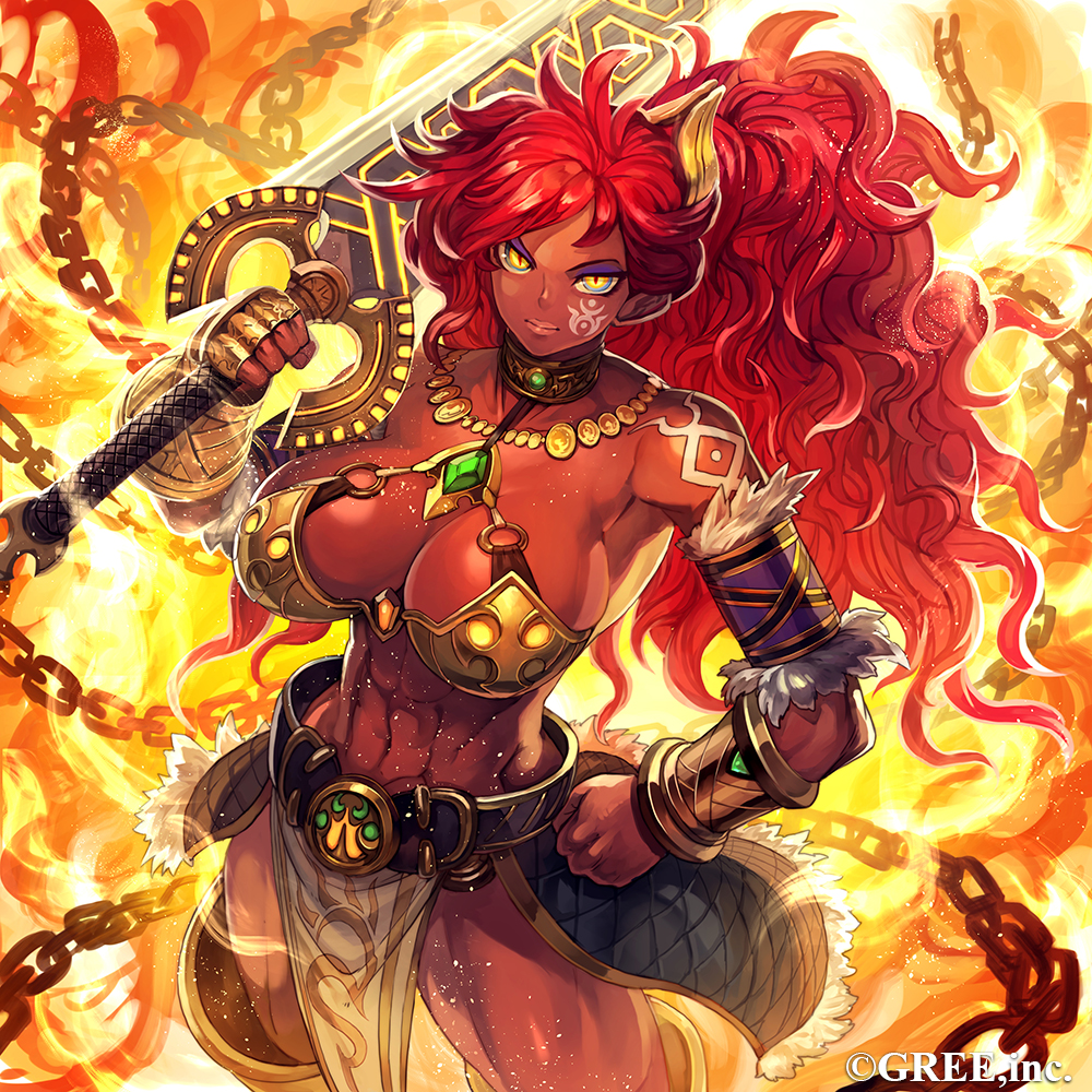 1girl bare_shoulders breasts dark_skin hand_on_hip lack large_breasts original redhead solo sword tattoo toned weapon yellow_eyes