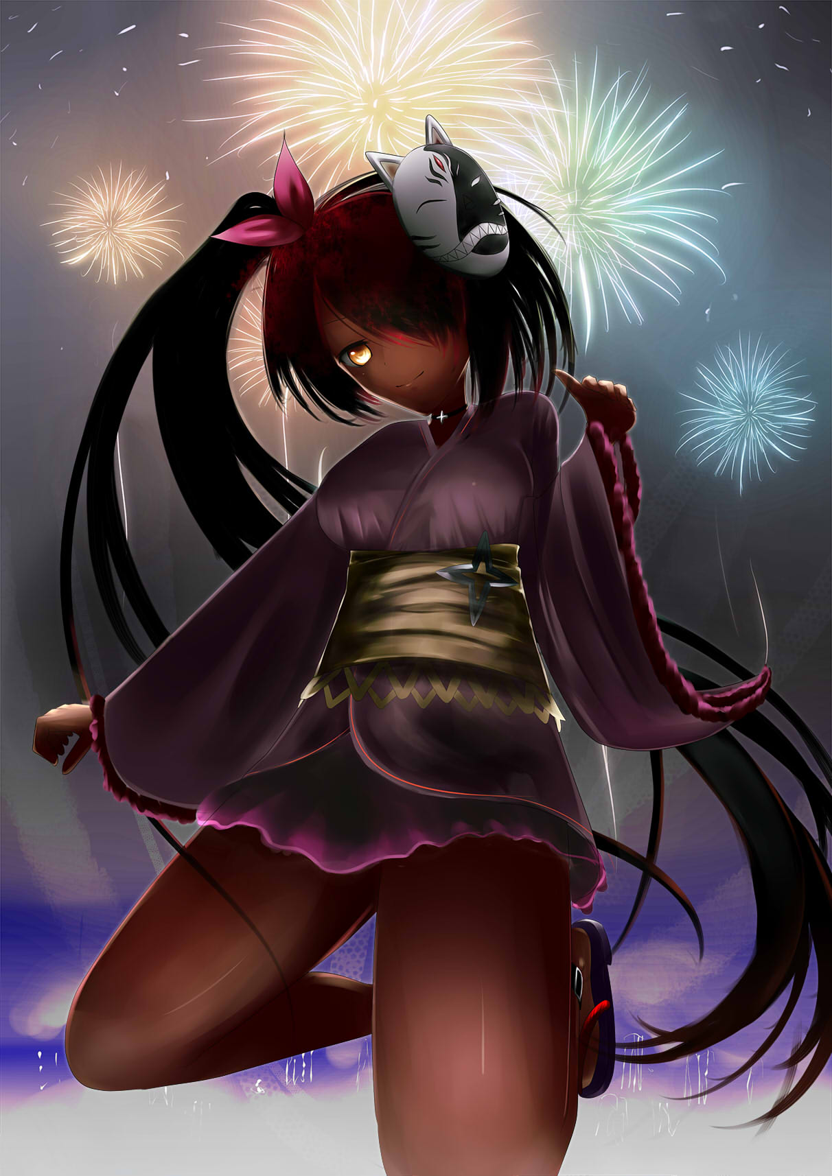 black_hair fireworks fox_mask glowing glowing_eyes highres japanese_clothes jewelry long_hair mask master_nemesis mtcexe3 necklace to_love-ru to_love-ru_darkness yellow_eyes