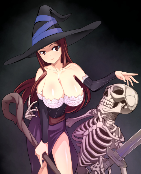 1girl bare_shoulders breasts brown_eyes brown_hair caryo cleavage collarbone detached_sleeves dragon's_crown dress hat huge_breasts leaning_forward light_smile long_hair looking_at_viewer nanashino side_slit skeleton solo sorceress_(dragon's_crown) staff strapless_dress sword weapon witch_hat